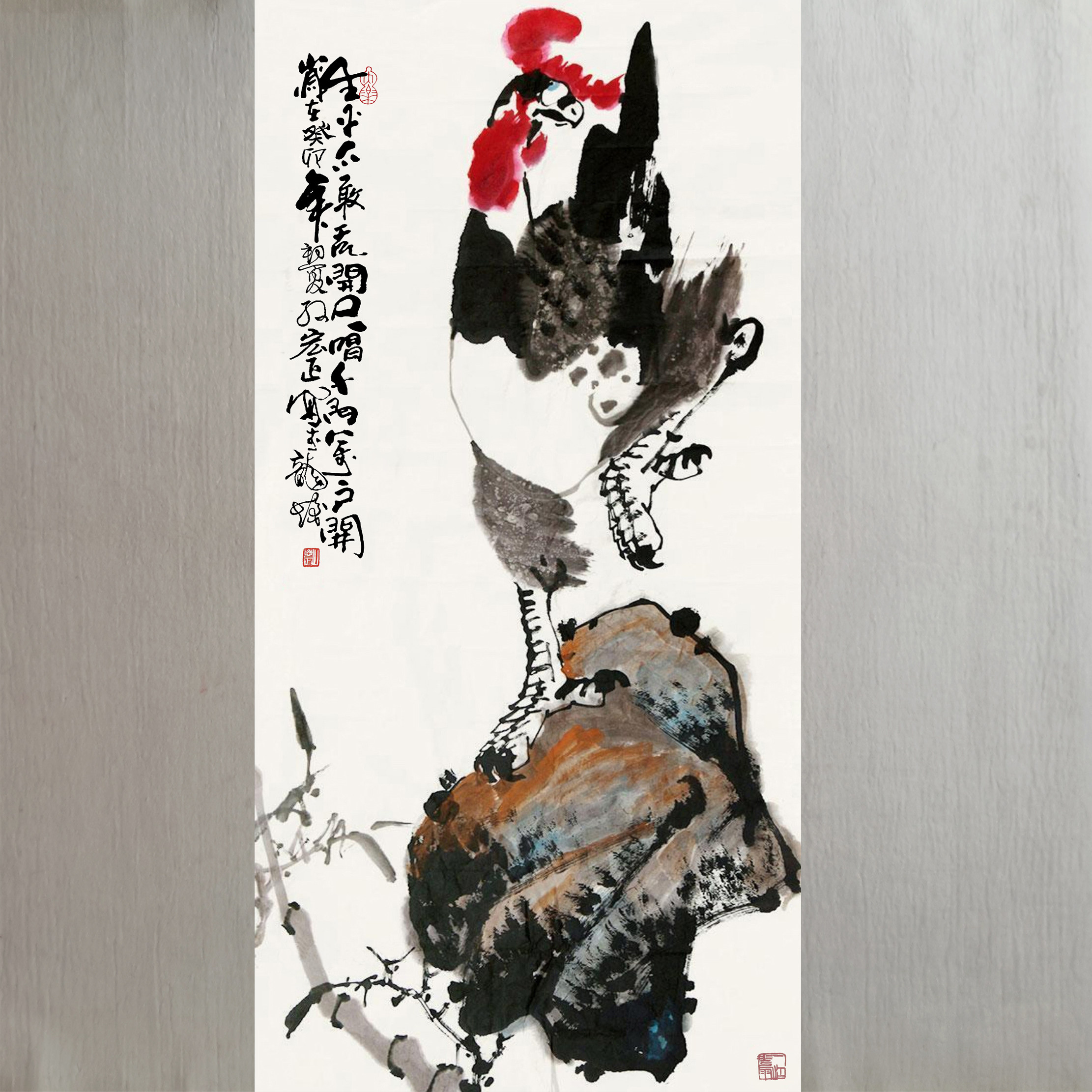 国画公鸡名家手绘大吉金鸡报晓入户玄关挂画三尺四尺竖版装饰挂画