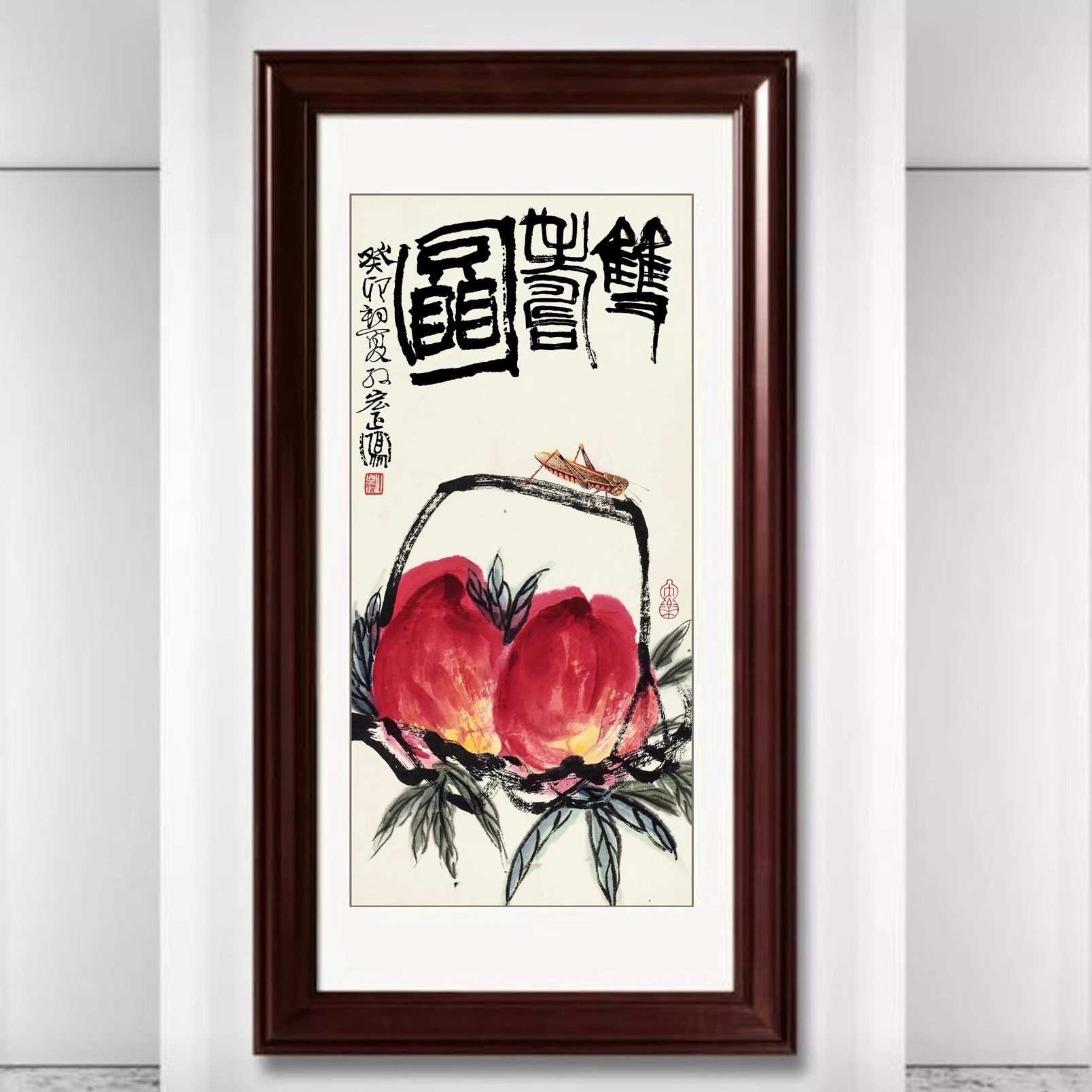 名家国画工笔寿桃草虫孙宏正纯手绘真迹三尺竖版茶室客厅玄关挂画