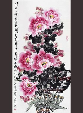 名家纯手绘国画国色粉红牡丹真迹