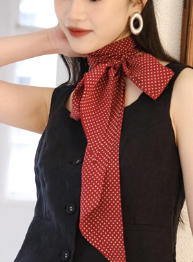 WANSUI复古法式红色米波点碎花百搭真丝斜角长条丝巾围巾发带