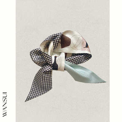 WANSUI原创Bistro系列浅蓝黑白格小狗图案长条真丝丝巾领带送礼