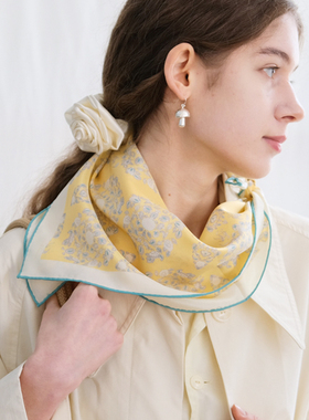 WANSUI鹅黄色琵琶纹蒂夫尼蓝色撞色手工卷边真丝丝巾方巾头巾法式