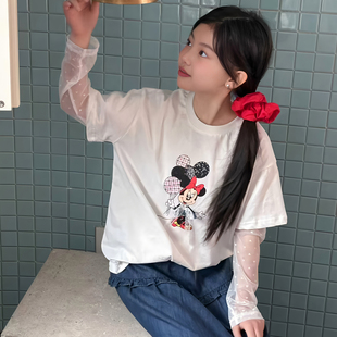 女童长袖t恤儿童春秋装2026新款白色假两件卡通印花蕾丝休闲上衣