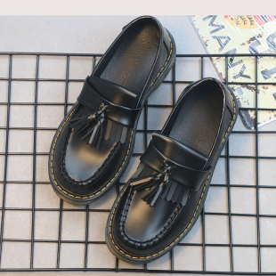 流苏乐福鞋 2021春季 黑色平底复古单鞋 学院风套脚女鞋 英伦风小皮鞋