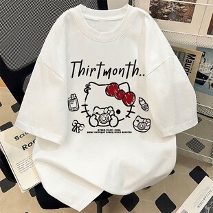 凯蒂猫印花宽松百搭学生上衣 新款 中大童学院风纯棉短袖 t恤女夏季