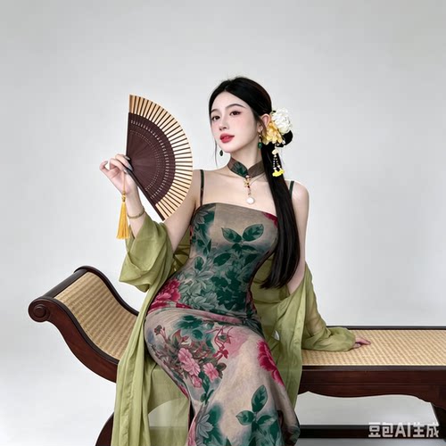 【牡丹亭】原创改良中国风修身弹力吊带裙长裙气质性感改良旗袍