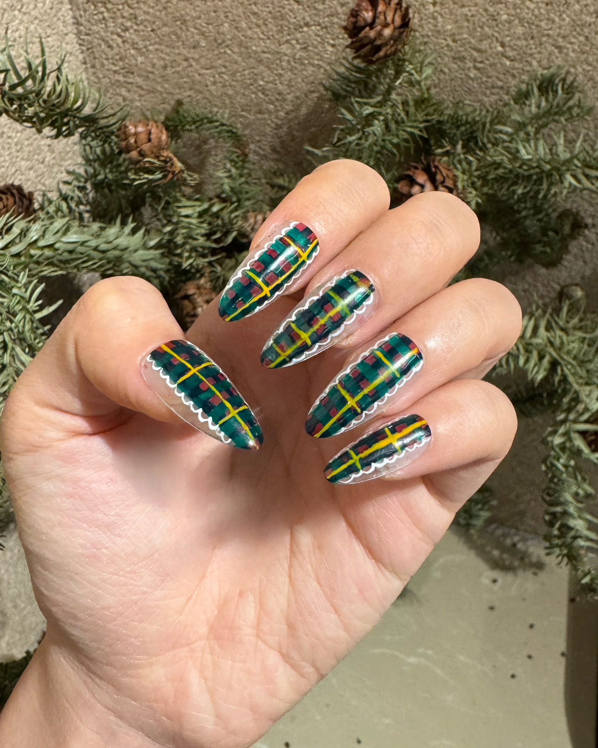 原创ins风圣诞格子手绘韩系欧美辣妹手工穿戴甲美甲甜酷时尚高级