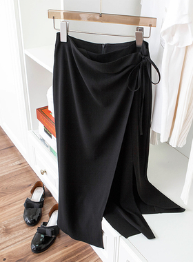 滑爽垂顺醋酸面料 百搭黑色时尚不对称系带围裹式H形直筒开叉半裙