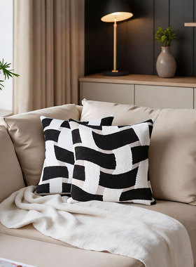默色空间墨韵飘带沙发抱枕样板间酒店黑白靠枕设计师客厅棉麻靠垫