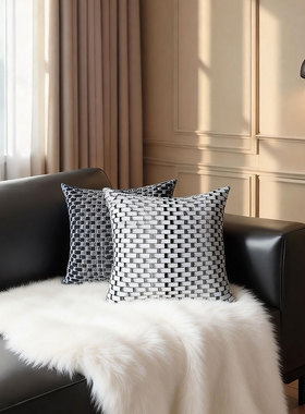 默色空间棉麻条纹格双面抱枕高级感黑白沙发靠垫酷黑客厅沙发靠垫