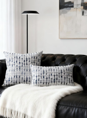 MOSE素绡蓝缕双面图案棉麻抱枕与腰枕蓝白条纹靠枕高端样板间靠垫