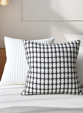 默色空间绣线格子兔绒条纹双面抱枕样板间黑白格纹沙发背枕大靠垫