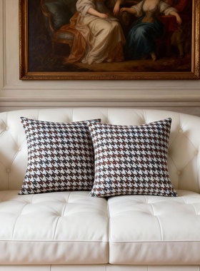 默色空间高克重千鸟格中古风棉麻抱枕客厅沙发腰枕高端双面用靠垫