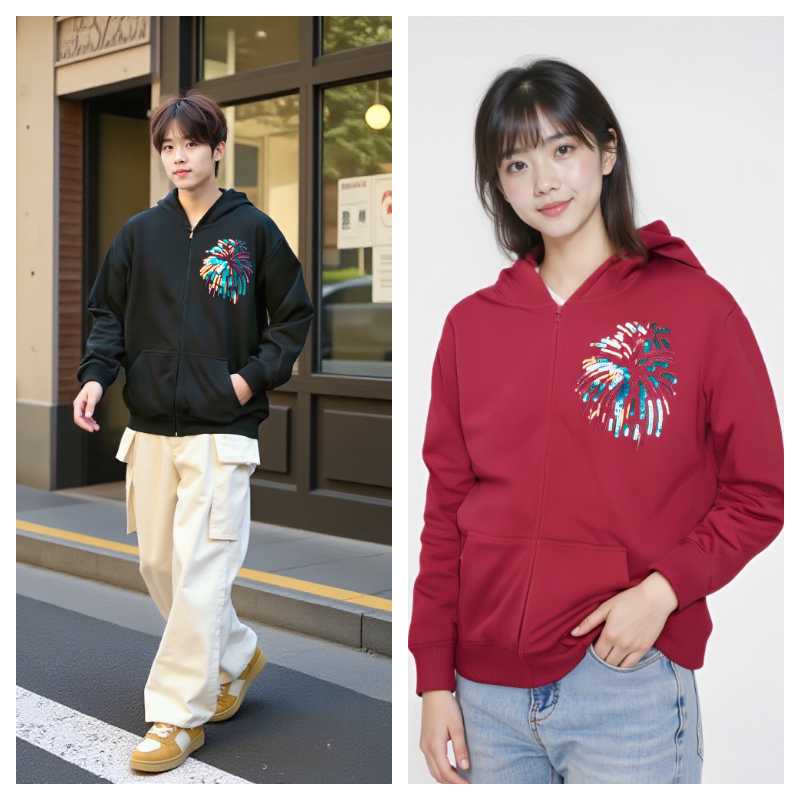 亮片珠子刺绣烟花情侣连帽卫衣男女同款秋冬时尚潮服可定制图案
