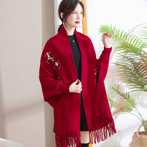 春秋冬刺绣中国风女披肩