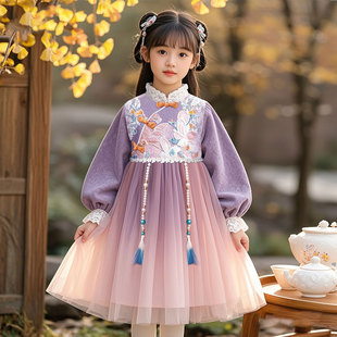 女童中国风连衣裙秋冬儿童旗袍公主裙长袖 汉服裙子冬裙 女孩新中式