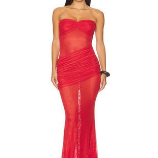 红色亮眼网纱透视性感褶皱显瘦长款礼服名媛度假海边氛围感连衣裙