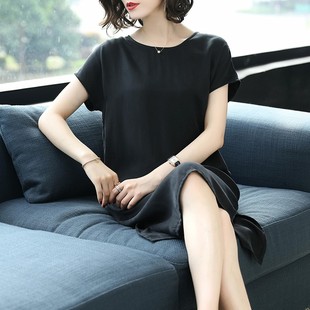 裙 2022夏新款 宽松重磅铜氨丝连衣裙女真丝短袖 大码 气质纯色中长款