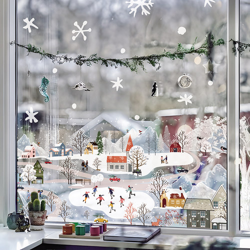 圣诞节风景腰线静电贴纸装饰布置商场店铺窗花玻璃门窗踢脚线贴画