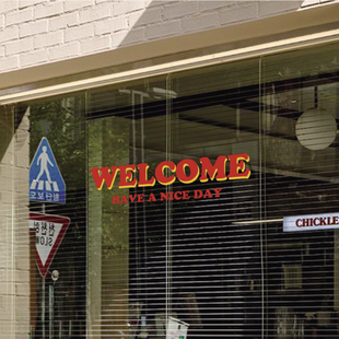 复古WELCOME静电玻璃贴纸欢迎光临推拉橱窗店铺气氛装饰广告贴