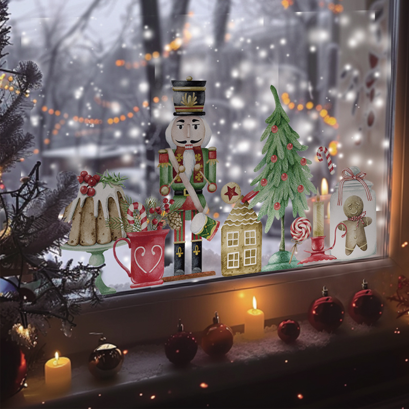 北欧ins圣诞童话胡桃夹子儿童房窗户玻璃无胶贴纸静电膜装饰