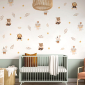 丹麦ins水彩风手绘幼儿园墙纸儿童房小熊壁画墙面装 饰自粘墙贴