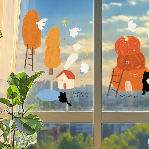 原创手绘ins猫咪装饰玻璃贴纸画水彩房子云朵飞鸟秋天静电不留胶