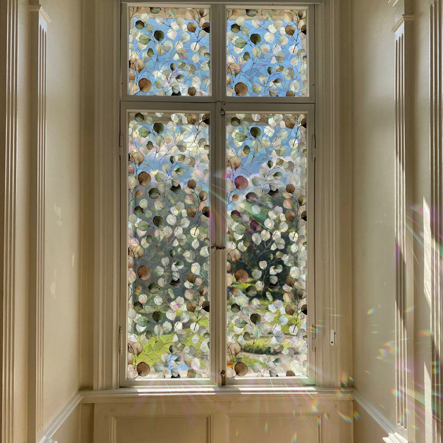 法式植物静电隐私贴纸卫生间镭射彩色光影阳光猎手玻璃窗花