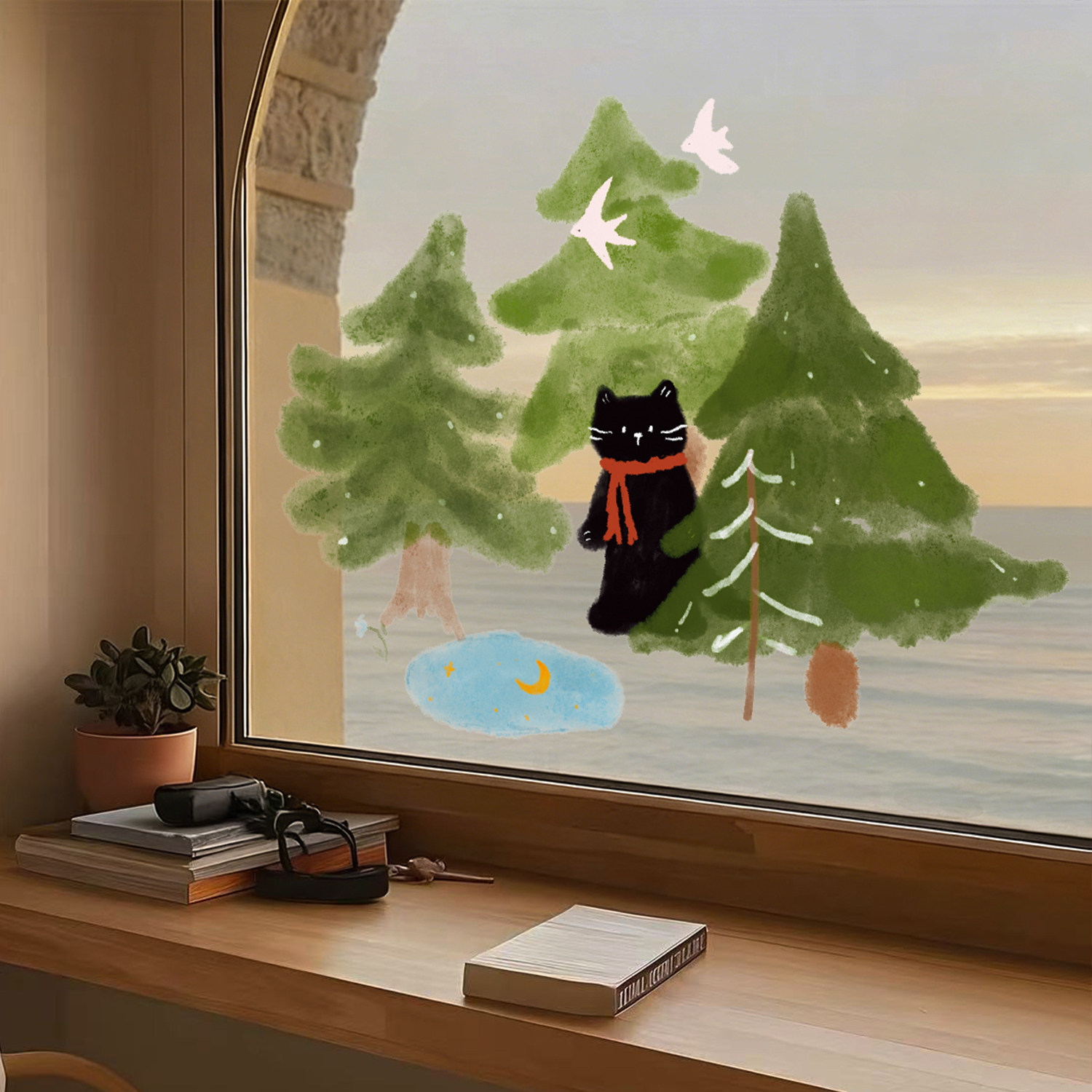 北欧ins手绘设计森林喵咪窗花玻璃门贴玻璃装饰免胶静电贴,家居饰品,玻璃膜/贴,淘宝优惠券,粉丝福利购,淘宝优惠卷