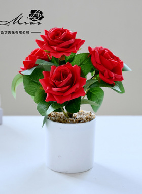 仿真花盆栽小盆景婚礼布置床头婚房玫瑰花家居客厅桌面装饰小摆件