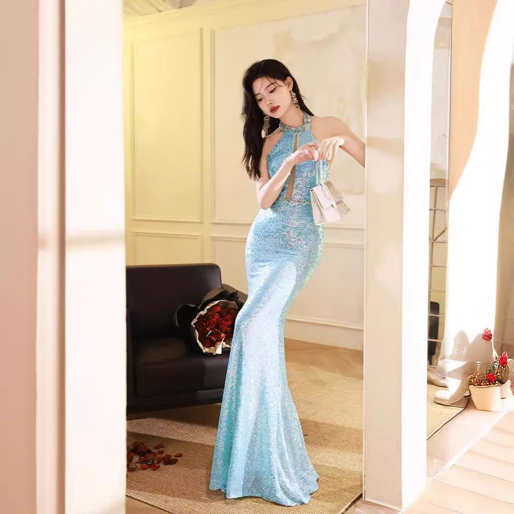 超仙人鱼姬晚礼服敬酒服女演出挂脖漏肩连衣裙主持人裙时尚气质