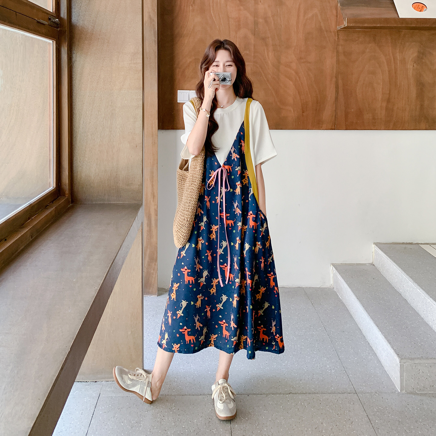假两件卡通印花T恤连衣裙女2025夏季新款设计感撞色拼接减龄长裙