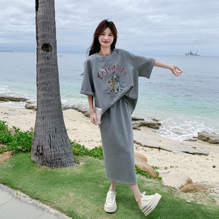 灰色慵懒风休闲套装 韩系减龄印花T恤半身裙两件套 女2025夏季 新款