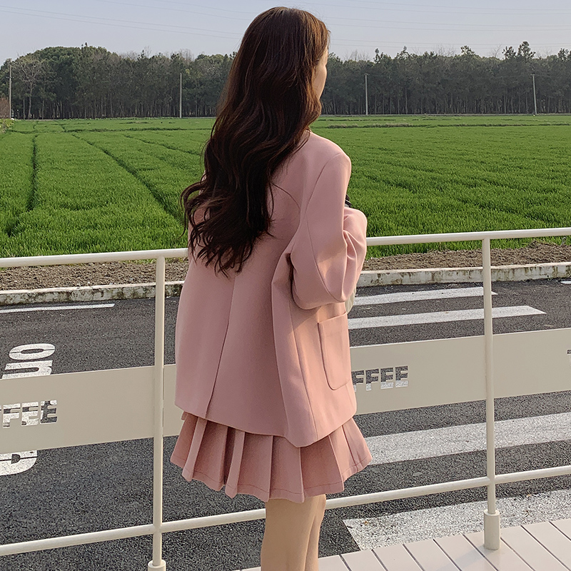 粉色百褶裙西装套装女春季2025新款小个子连衣裙学院风时尚两件套