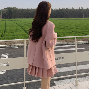 小个子连衣裙学院风时尚 粉色百褶裙西装 2025新款 套装 两件套 女秋季