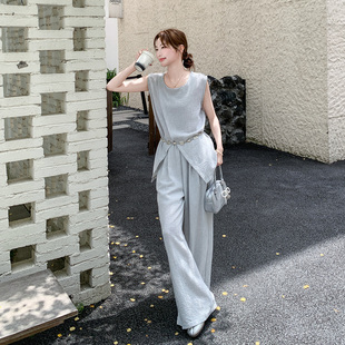 两件套 灰色老钱风无袖 上衣套装 女2025夏新款 韩系高级感气质阔腿裤