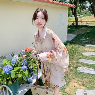 休闲印花防晒衬衫 女2025年夏季 时尚 套装 两件套 新款 慵懒风宽松短裤