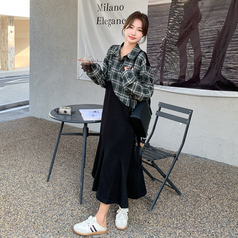 韩版格纹拼接连衣裙女2025春新款POLO设计感高级感休闲长袖衬衫裙