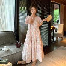 法式粉色碎花雪纺连衣裙女2025夏季新款温柔风小清新甜美森系长裙