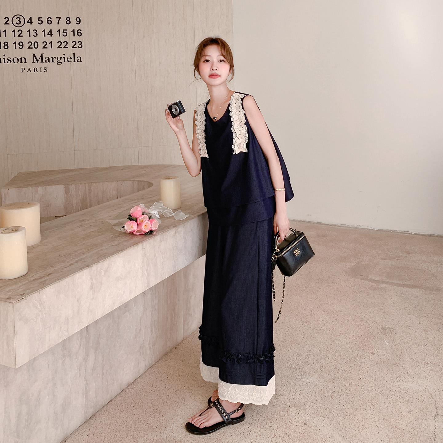 蕾丝拼接牛仔套装女2025夏季新款韩系设计感无袖背心阔腿裤两件套