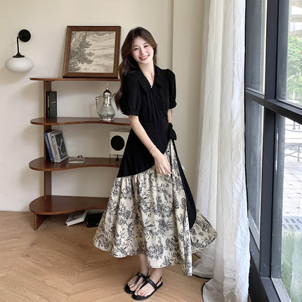 巨好看假两件黑色碎花拼接连衣裙女夏2025新款高级感显瘦休闲裙子