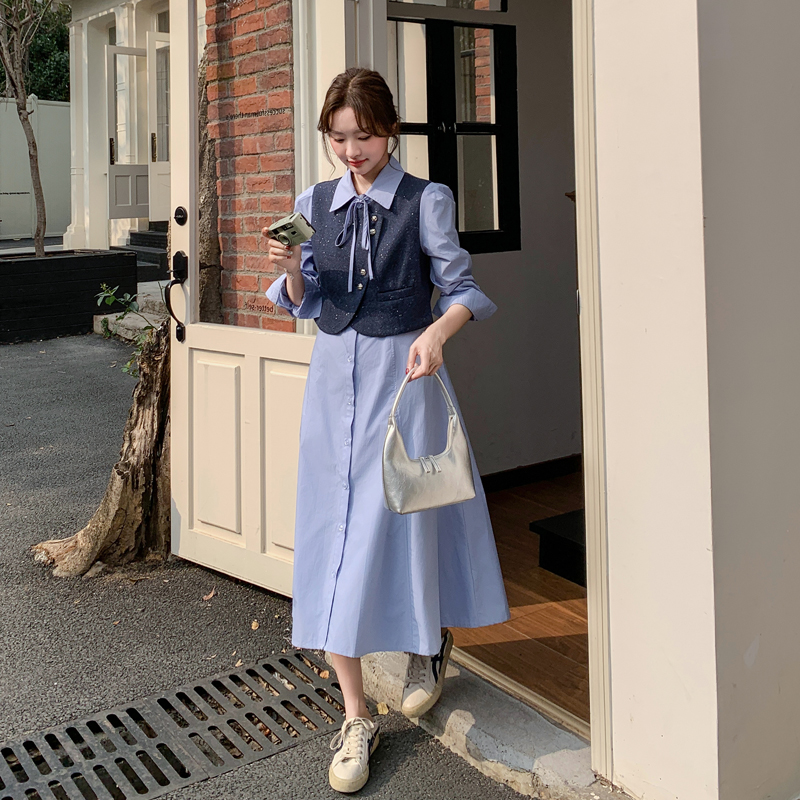 蓝色小香风假两件长袖连衣裙女春季2025新款超火法式气质衬衫长裙