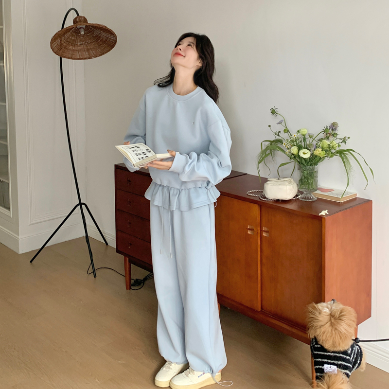 超好看蓝色休闲运动套装女2025春季新款花边圆领卫衣阔腿裤两件套