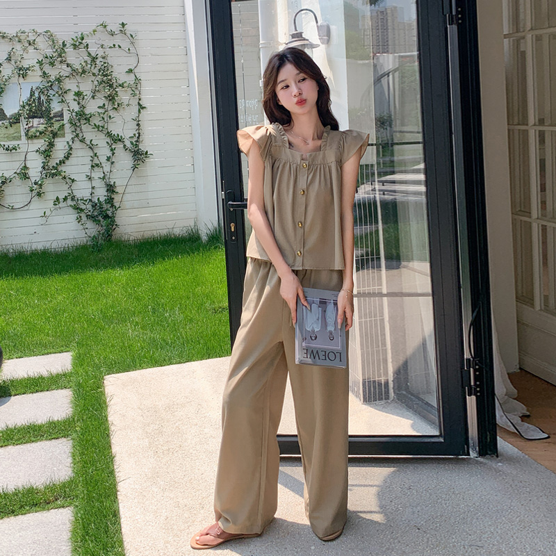 卡其色超好看时尚套装女2025夏季新款小个子洋气上衣阔腿裤两件套