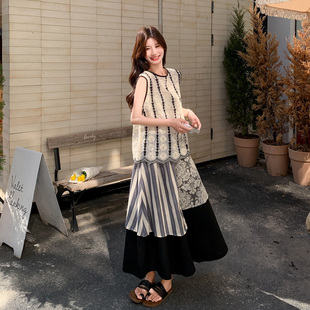 法式 气质慵懒度假风半身裙两件套 蕾丝花边马甲套装 裙女2025夏新款