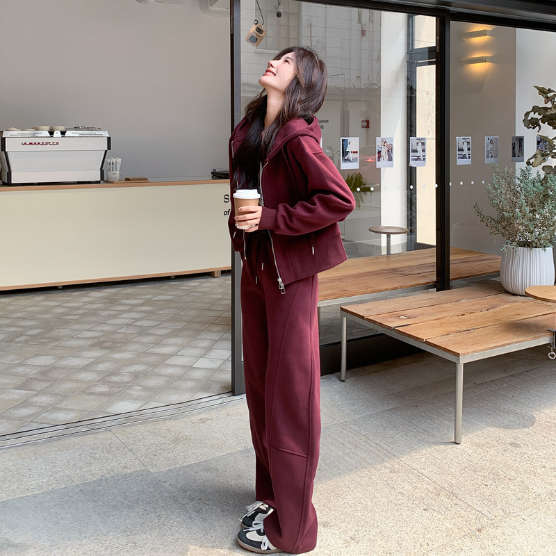 安可拉红卫衣套装女2025春新款高级感小个子连帽卫衣阔腿裤两件套