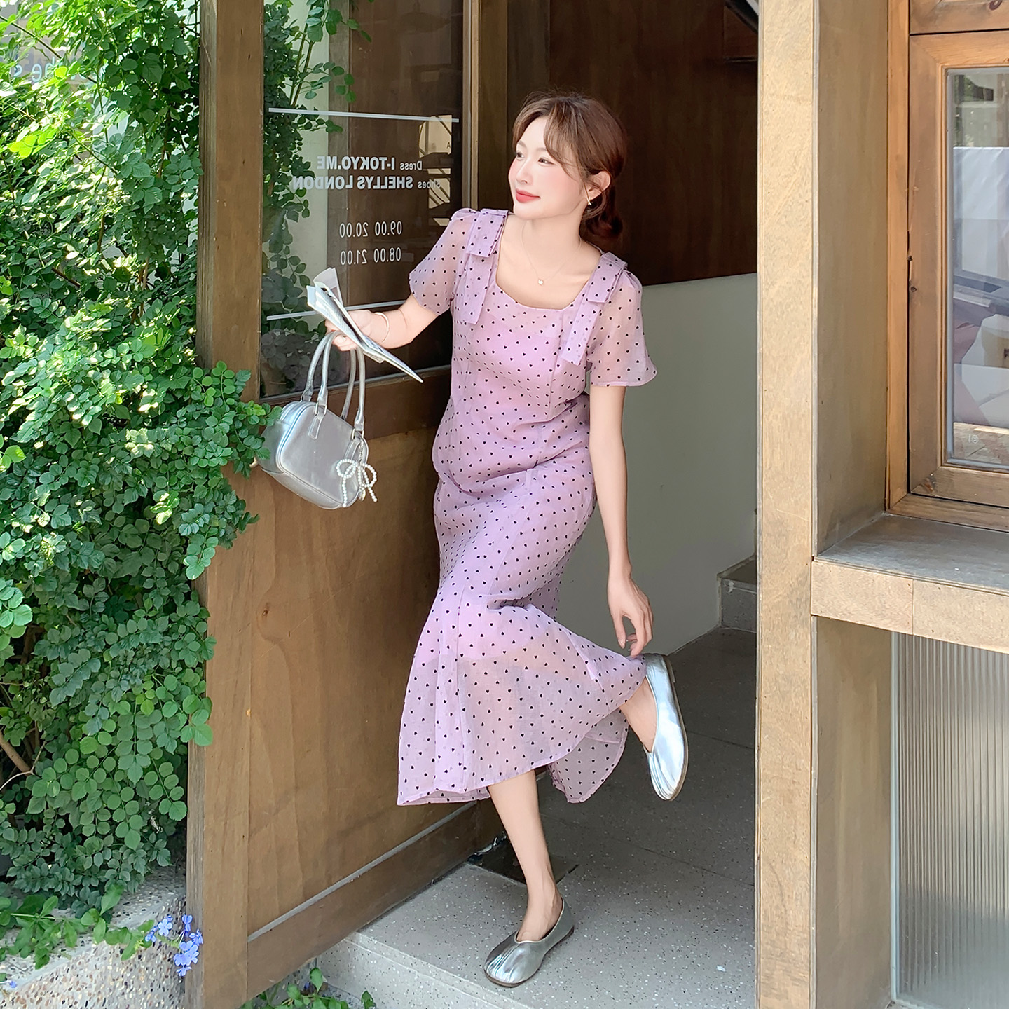 紫色法式浪漫波点连衣裙女