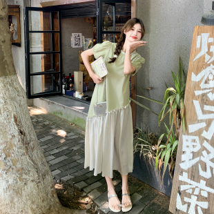 a字长裙 绿色超好看绝美连衣裙女夏季 2025年新款 法式 高级感泡泡袖