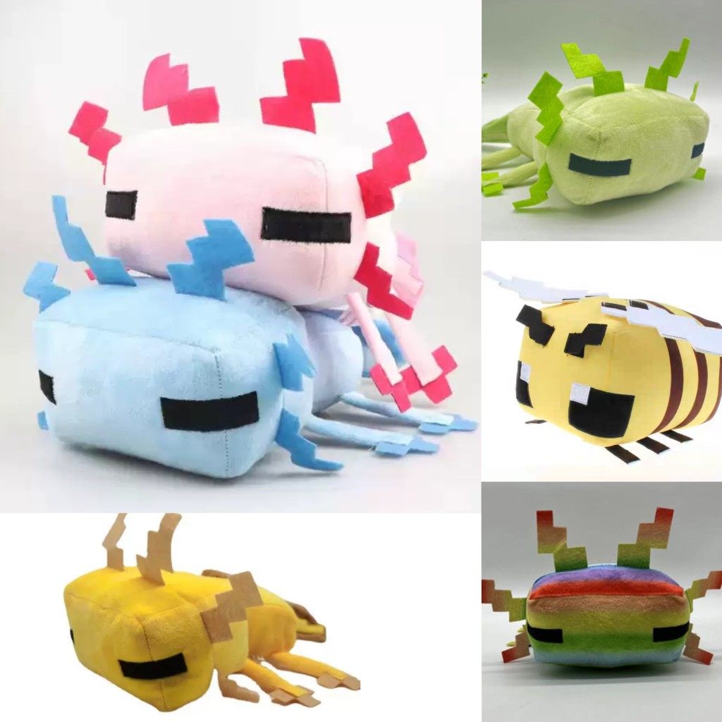 现货我的世界axolotl粉色蓝色六脚鱼蝾螈黄蜜蜂玩偶传奇毛绒公仔