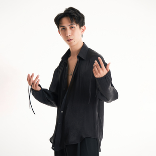 DUYQ男士 系带宽松上衣拉丁舞练功服黑白两色 系列014玻璃纱长袖